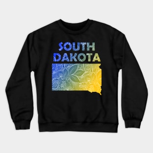 Colorful mandala art map of South Dakota with text in blue and yellow Crewneck Sweatshirt